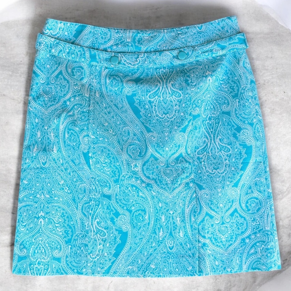 Talbots Turquoise Paisley Skirt Size 12P A-Line Cotton Stretch Preppy Spring